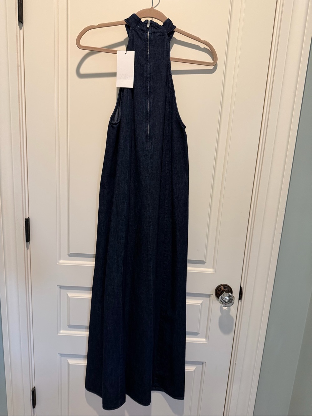 Zara Dark Blue Sleeveless High-Neck Denim Maxi Dress